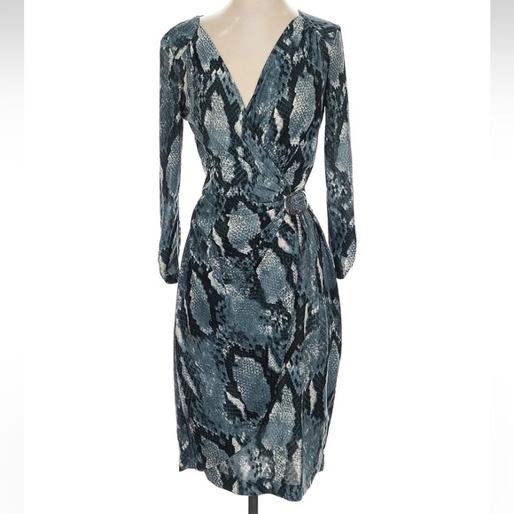 Vintage Cache Blue Grey Snakeskin Print Jersey Faux Wrap Dress Size Small S - Picture 6 of 6